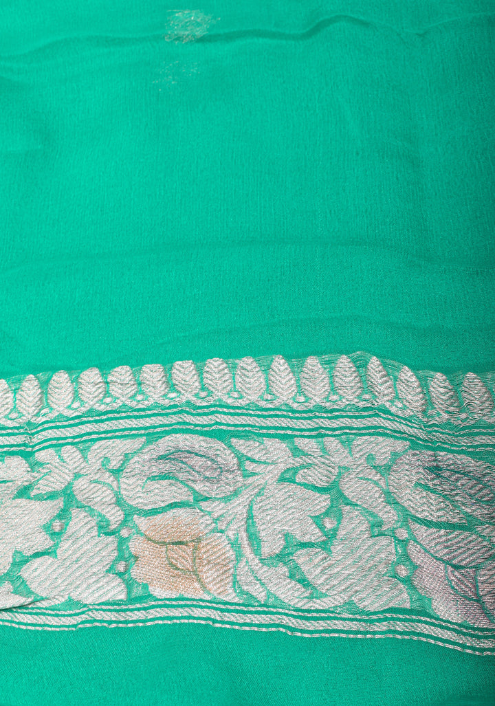 Sea Green hand Brush dye Chiffon Silk Saree with Silver Tone Zari Buttas and Border | SILK MARK CERTIFIED