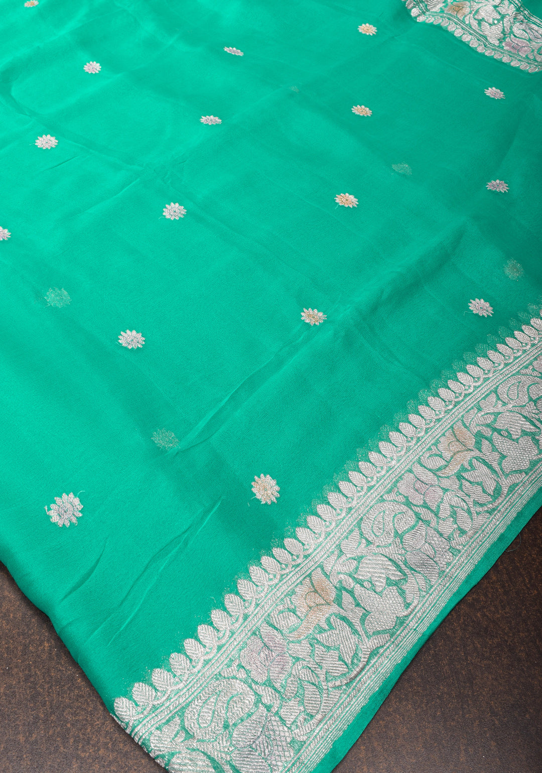Sea Green hand Brush dye Chiffon Silk Saree with Silver Tone Zari Buttas and Border | SILK MARK CERTIFIED