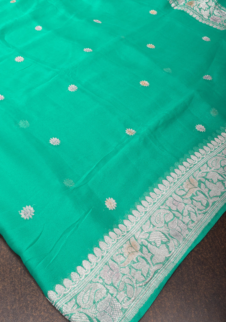 Sea Green hand Brush dye Chiffon Silk Saree with Silver Tone Zari Buttas and Border | SILK MARK CERTIFIED
