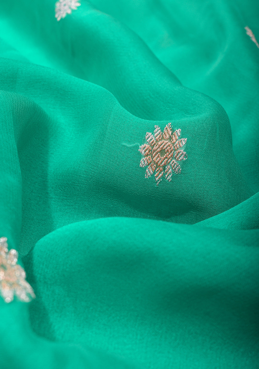 Sea Green hand Brush dye Chiffon Silk Saree with Silver Tone Zari Buttas and Border | SILK MARK CERTIFIED