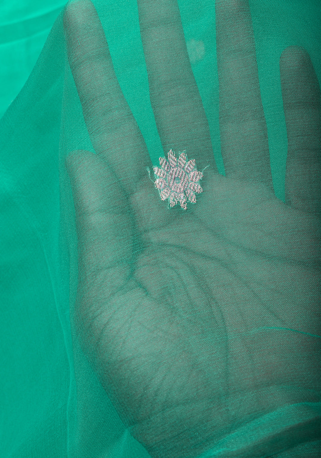 Sea Green hand Brush dye Chiffon Silk Saree with Silver Tone Zari Buttas and Border | SILK MARK CERTIFIED