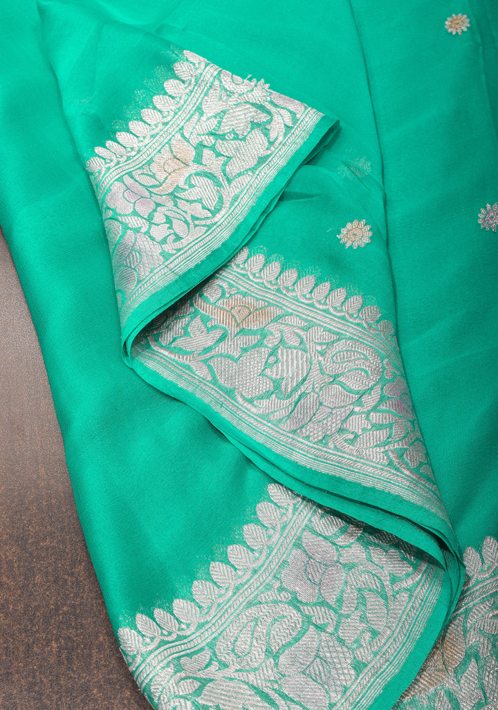 Sea Green hand Brush dye Chiffon Silk Saree with Silver Tone Zari Buttas and Border | SILK MARK CERTIFIED