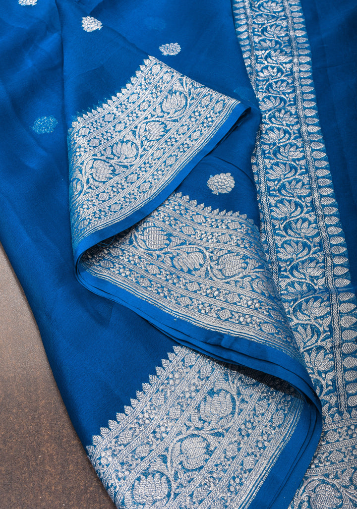 Prussian Blue Pure Silk Chiffon Saree with Silver Tone Zari Buttas and Border| SILK MARK CERTIFIED