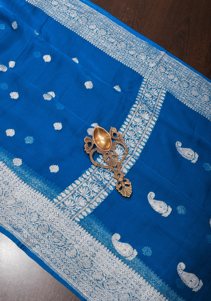 Prussian Blue Pure Silk Chiffon Saree with Silver Tone Zari Buttas and Border| SILK MARK CERTIFIED