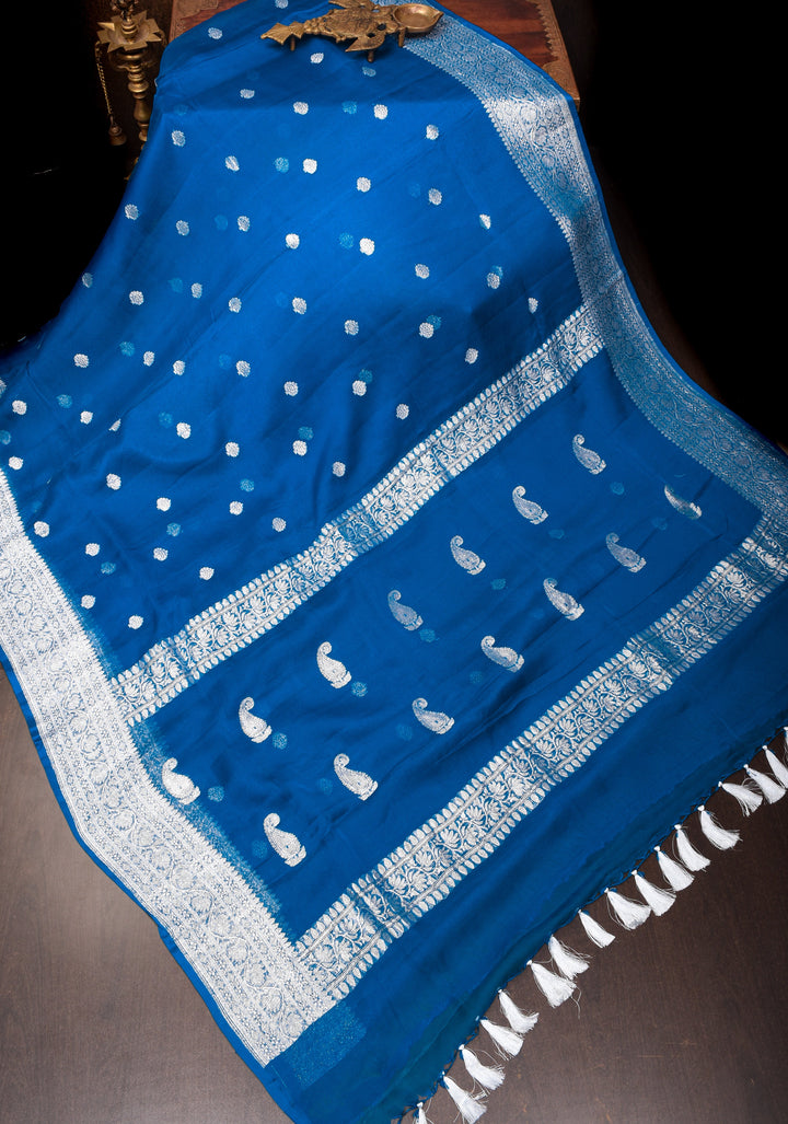 Prussian Blue Pure Silk Chiffon Saree with Silver Tone Zari Buttas and Border| SILK MARK CERTIFIED