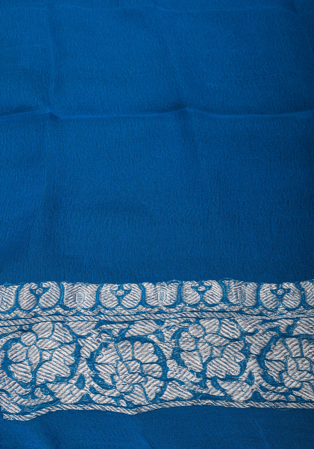 Prussian Blue Pure Silk Chiffon Saree with Silver Tone Zari Buttas and Border| SILK MARK CERTIFIED