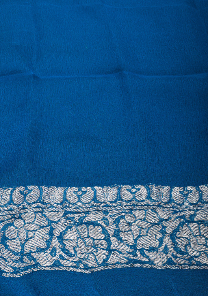 Prussian Blue Pure Silk Chiffon Saree with Silver Tone Zari Buttas and Border| SILK MARK CERTIFIED