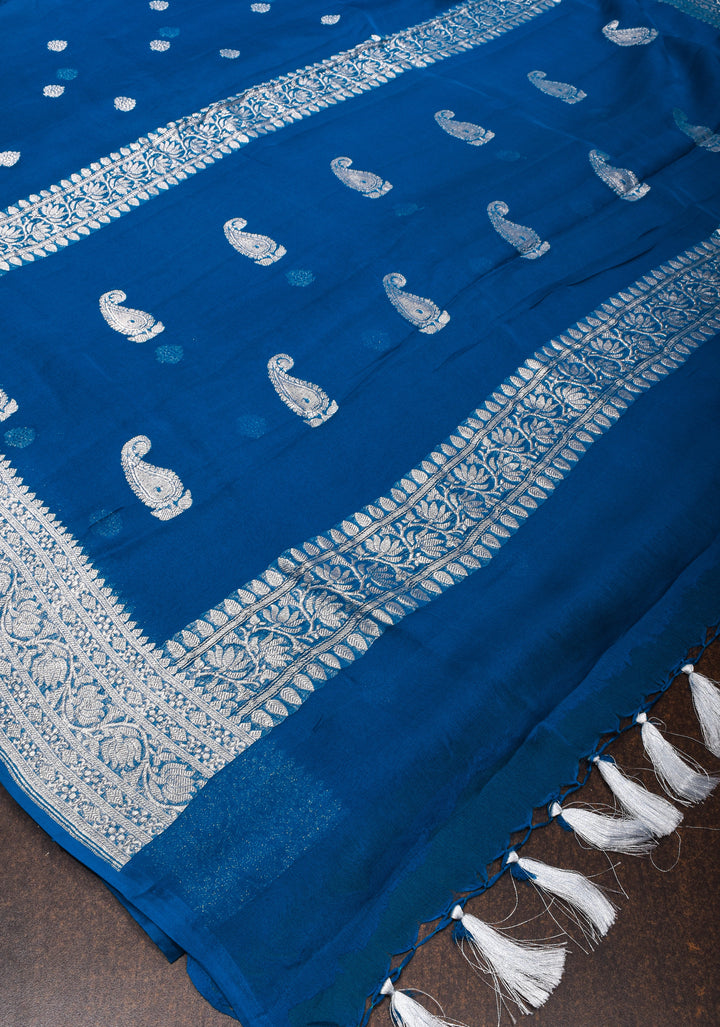 Prussian Blue Pure Silk Chiffon Saree with Silver Tone Zari Buttas and Border| SILK MARK CERTIFIED