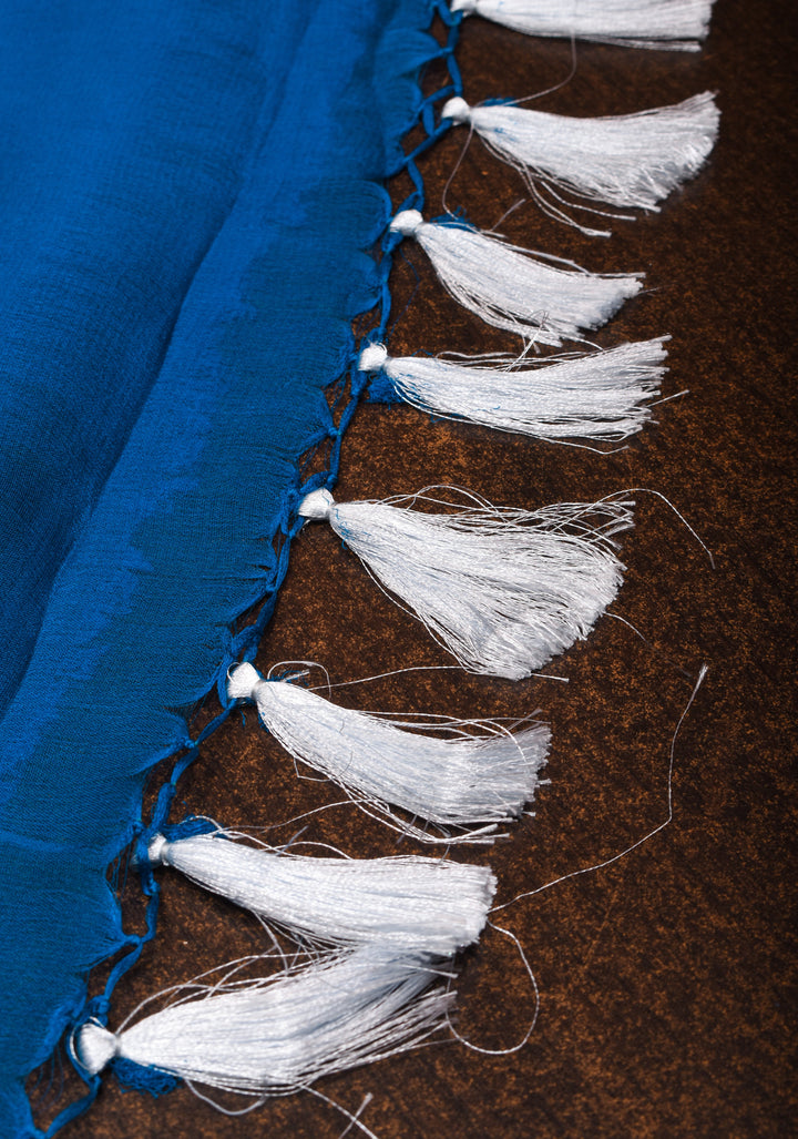 Prussian Blue Pure Silk Chiffon Saree with Silver Tone Zari Buttas and Border| SILK MARK CERTIFIED