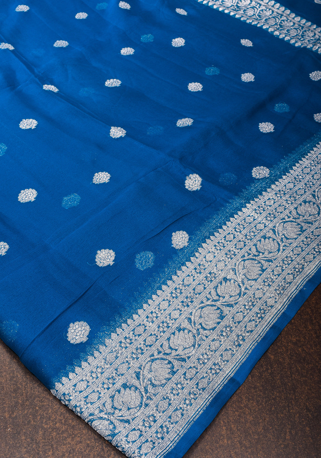 Prussian Blue Pure Silk Chiffon Saree with Silver Tone Zari Buttas and Border| SILK MARK CERTIFIED