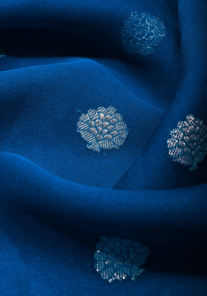 Prussian Blue Pure Silk Chiffon Saree with Silver Tone Zari Buttas and Border| SILK MARK CERTIFIED