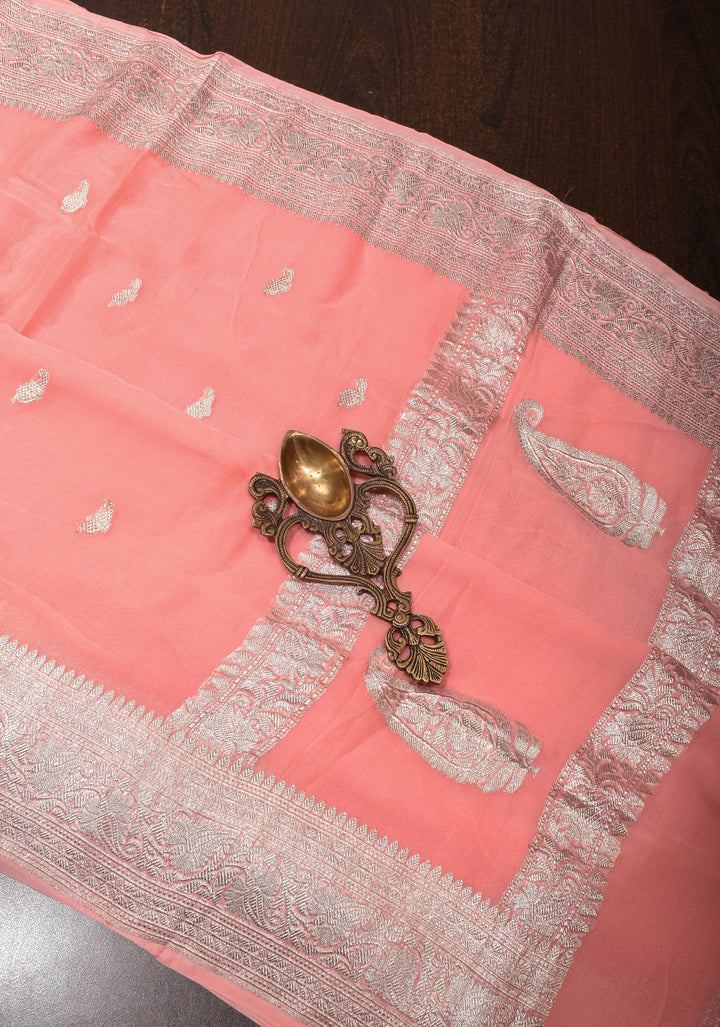 Peach Pure Silk Chiffon Saree with Silver Tone Zari Buttas and Border| SILK MARK CERTIFIED