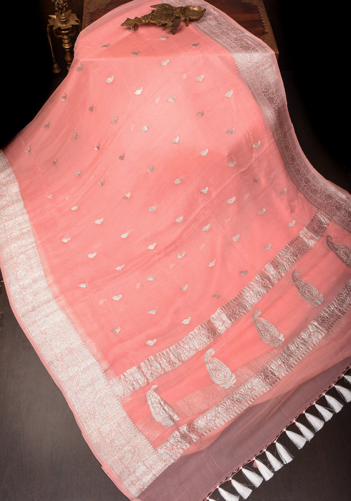 Peach Pure Silk Chiffon Saree with Silver Tone Zari Buttas and Border| SILK MARK CERTIFIED