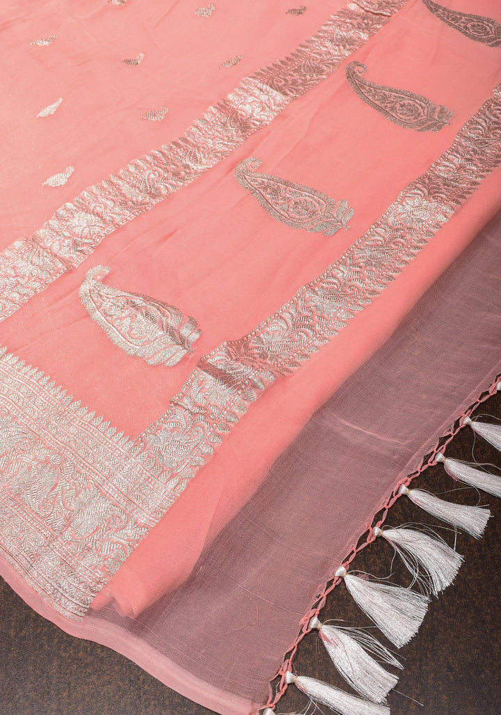 Peach Pure Silk Chiffon Saree with Silver Tone Zari Buttas and Border| SILK MARK CERTIFIED