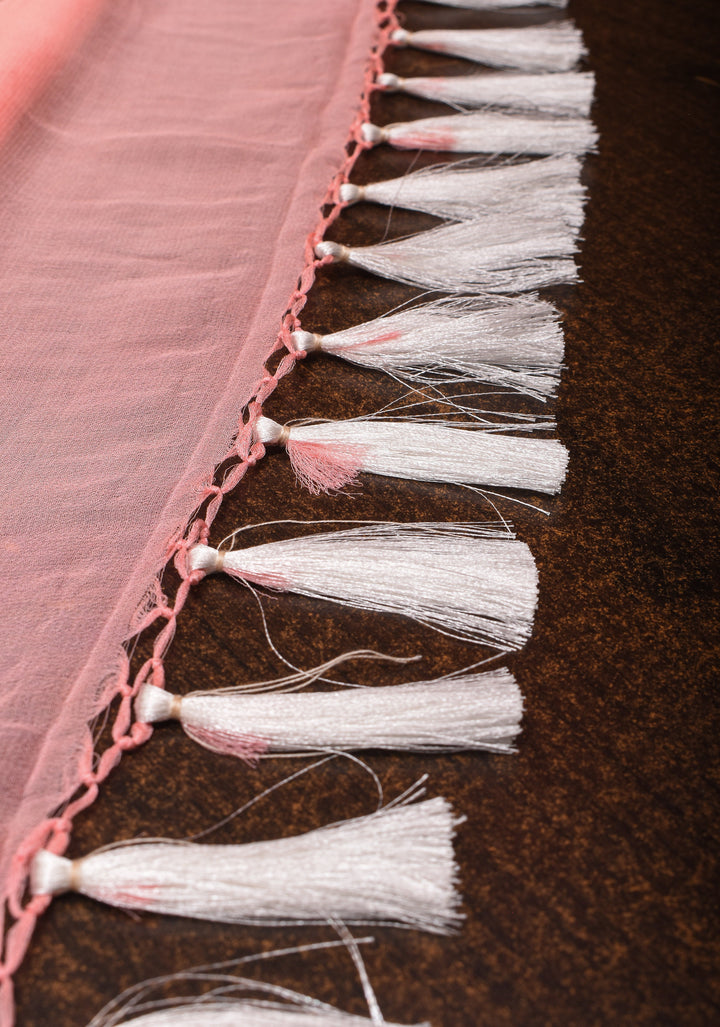 Peach Pure Silk Chiffon Saree with Silver Tone Zari Buttas and Border| SILK MARK CERTIFIED