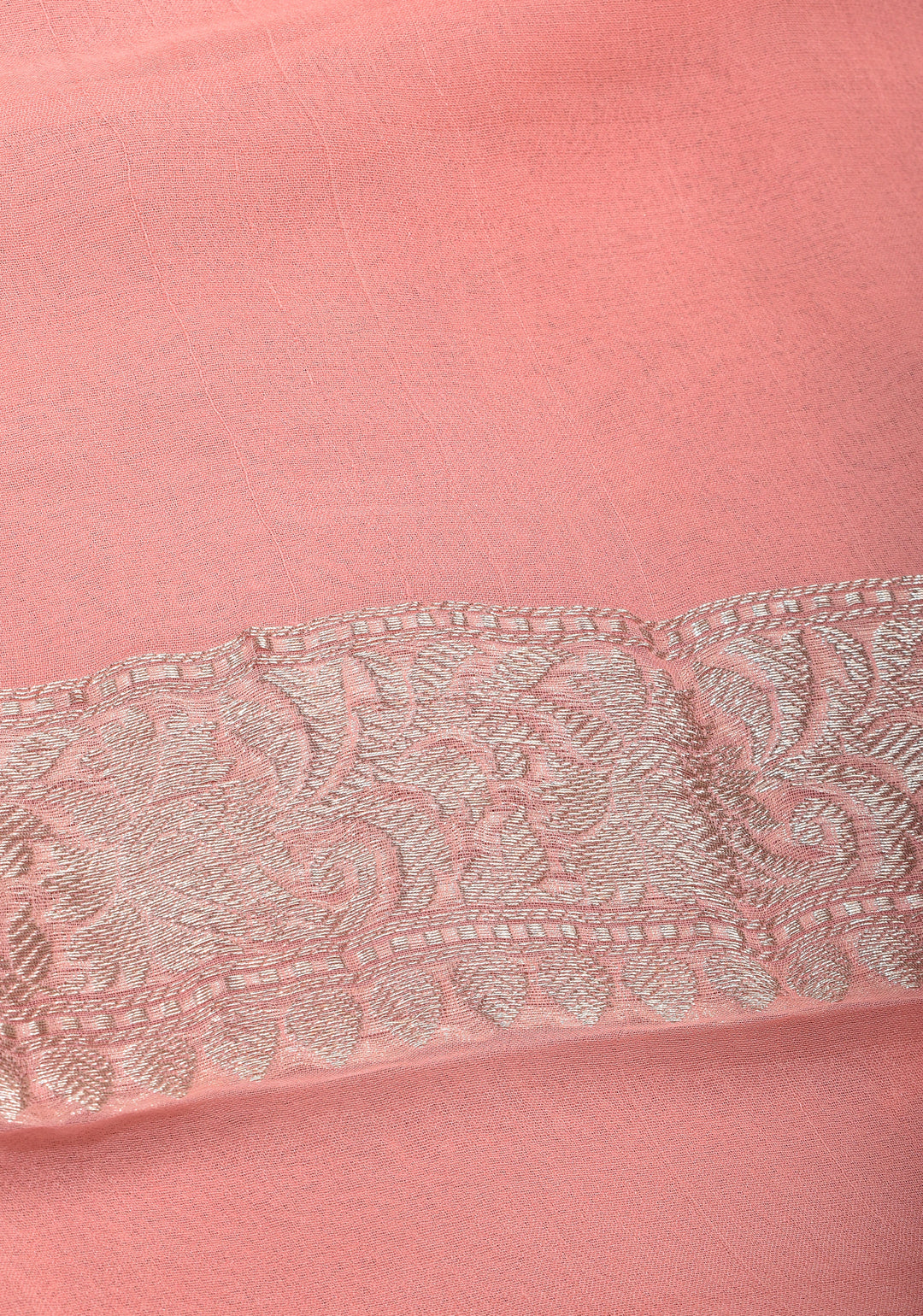 Peach Pure Silk Chiffon Saree with Silver Tone Zari Buttas and Border| SILK MARK CERTIFIED