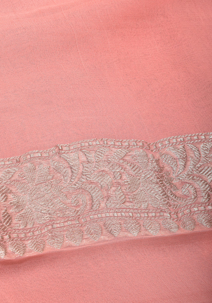 Peach Pure Silk Chiffon Saree with Silver Tone Zari Buttas and Border| SILK MARK CERTIFIED