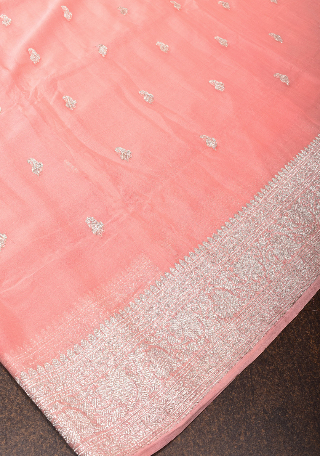 Peach Pure Silk Chiffon Saree with Silver Tone Zari Buttas and Border| SILK MARK CERTIFIED