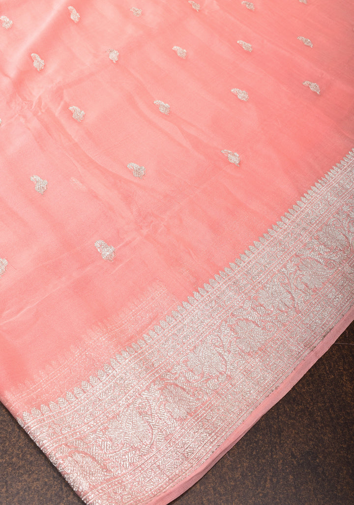 Peach Pure Silk Chiffon Saree with Silver Tone Zari Buttas and Border| SILK MARK CERTIFIED