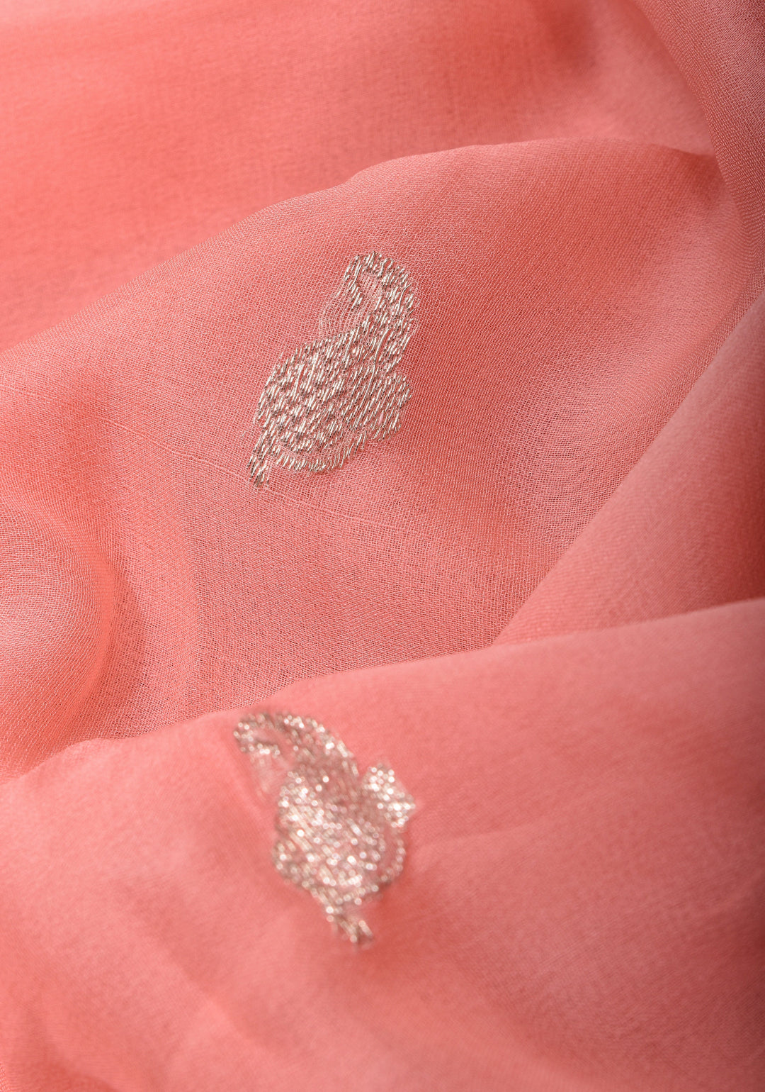 Peach Pure Silk Chiffon Saree with Silver Tone Zari Buttas and Border| SILK MARK CERTIFIED