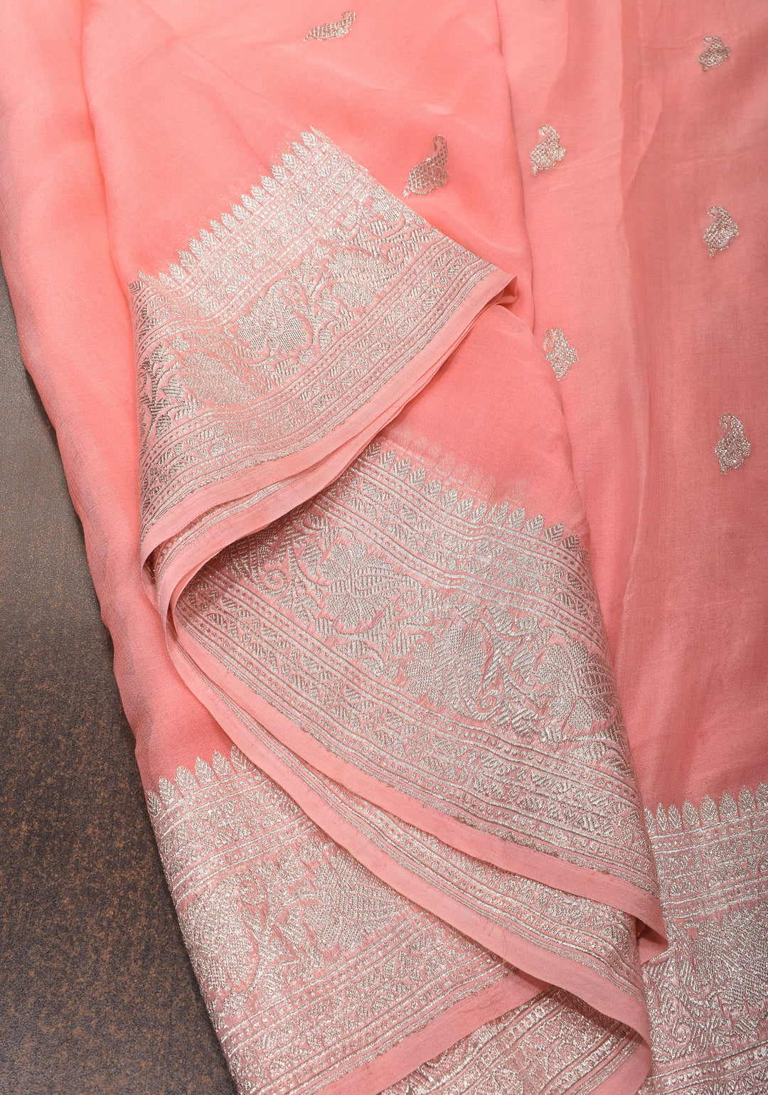 Peach Pure Silk Chiffon Saree with Silver Tone Zari Buttas and Border| SILK MARK CERTIFIED