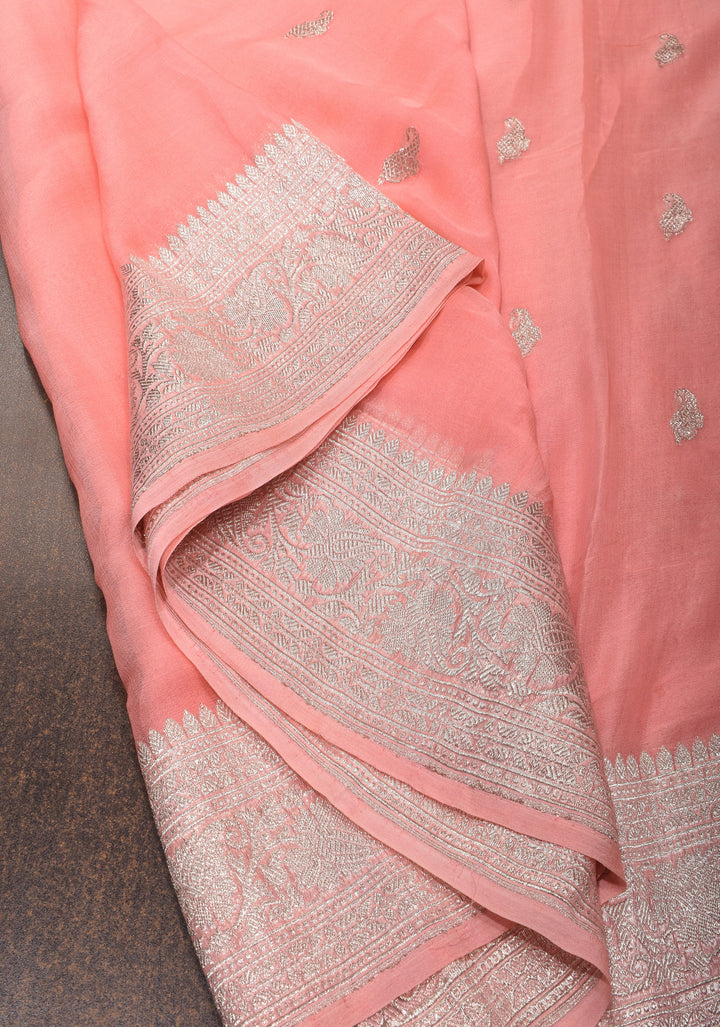 Peach Pure Silk Chiffon Saree with Silver Tone Zari Buttas and Border| SILK MARK CERTIFIED