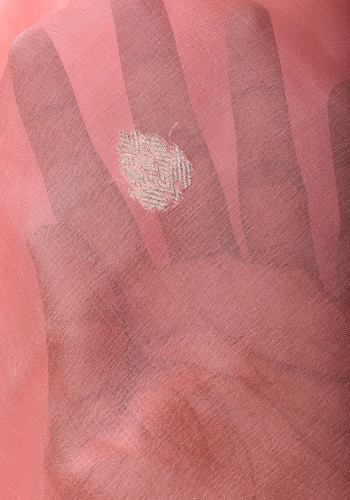 Peach Pure Silk Chiffon Saree with Silver Tone Zari Buttas and Border | SILK MARK CERTIFIED