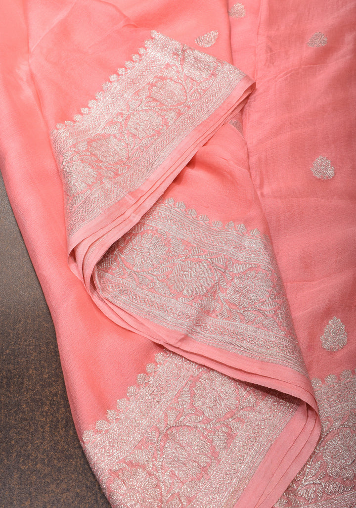 Peach Pure Silk Chiffon Saree with Silver Tone Zari Buttas and Border | SILK MARK CERTIFIED