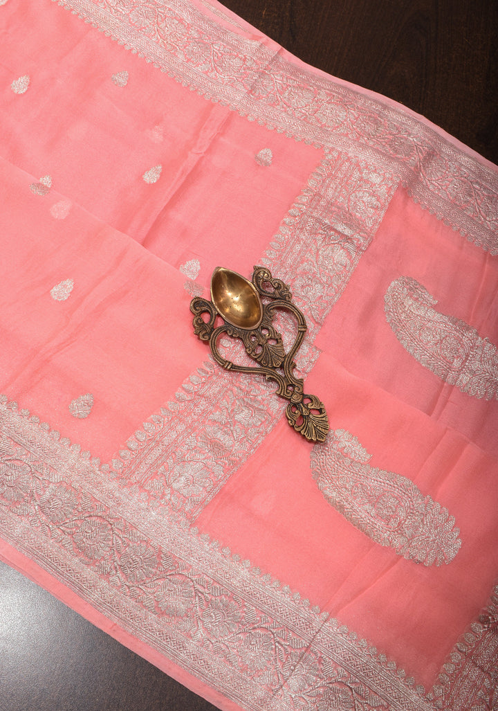 Peach Pure Silk Chiffon Saree with Silver Tone Zari Buttas and Border | SILK MARK CERTIFIED