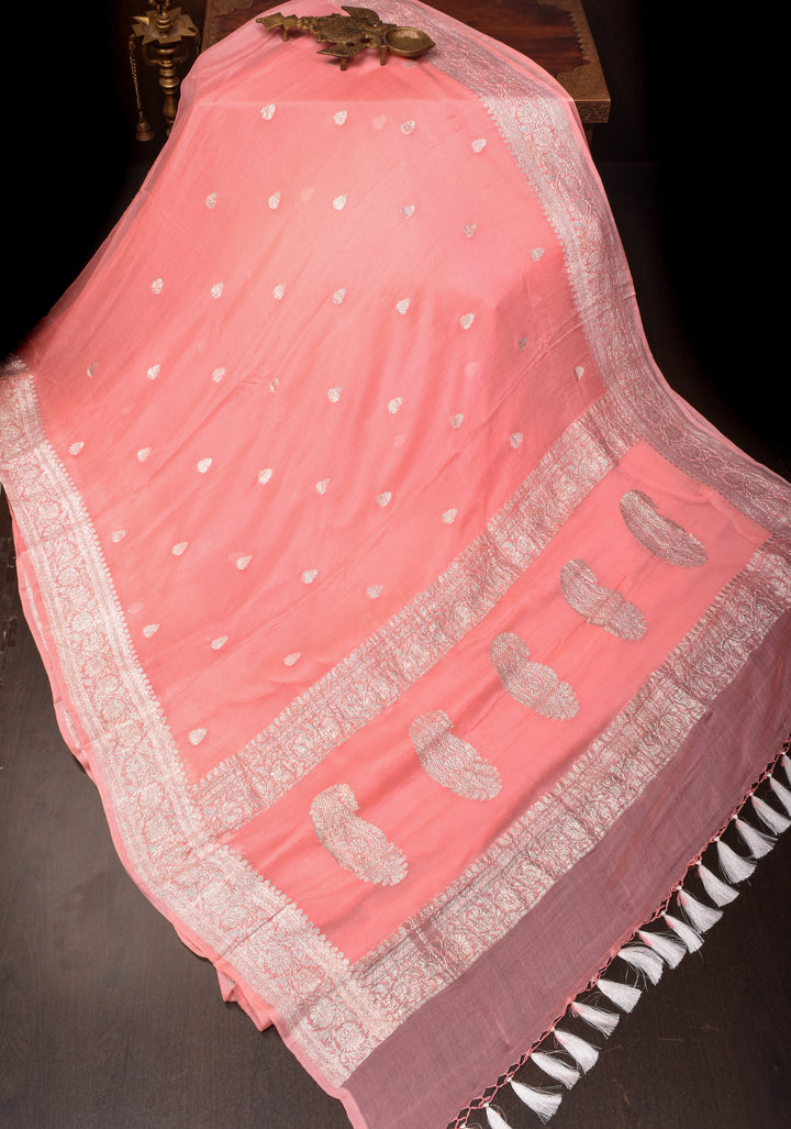 Peach Pure Silk Chiffon Saree with Silver Tone Zari Buttas and Border | SILK MARK CERTIFIED
