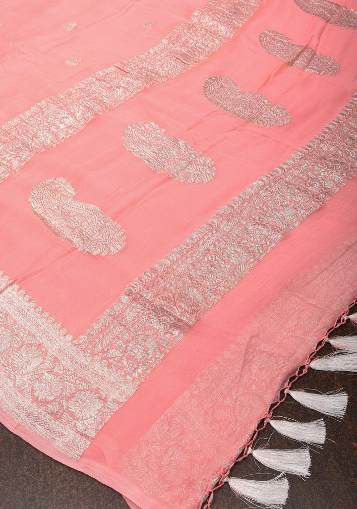 Peach Pure Silk Chiffon Saree with Silver Tone Zari Buttas and Border | SILK MARK CERTIFIED