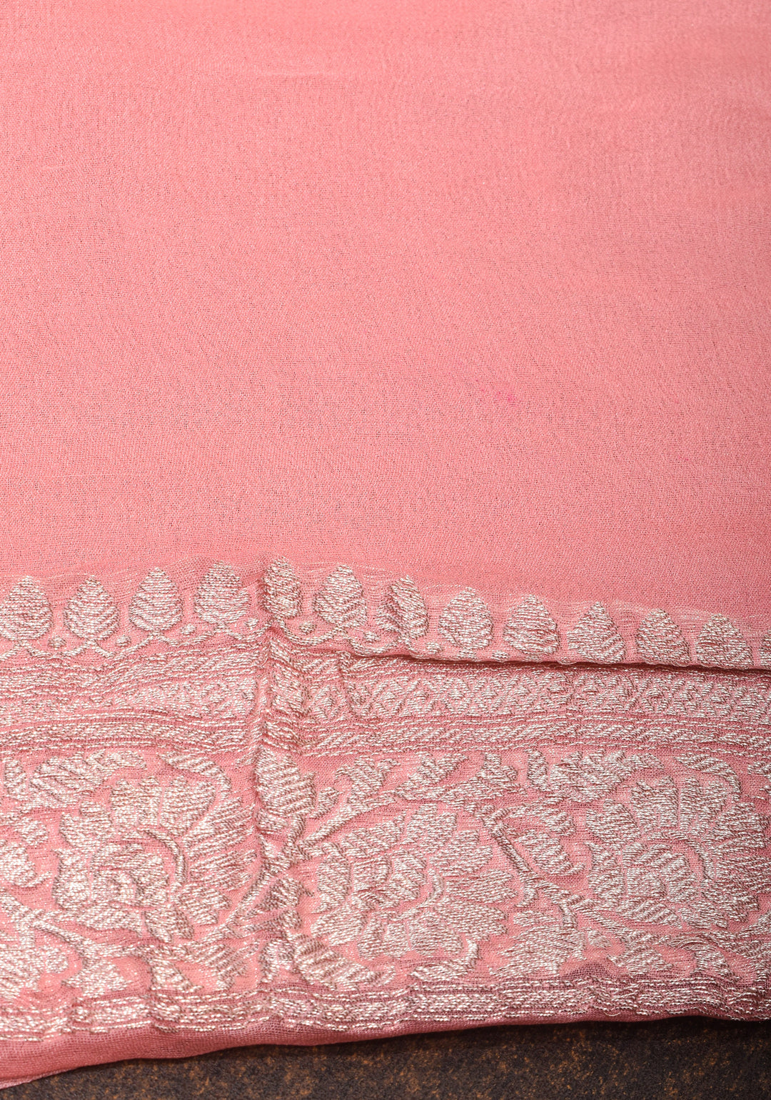 Peach Pure Silk Chiffon Saree with Silver Tone Zari Buttas and Border | SILK MARK CERTIFIED