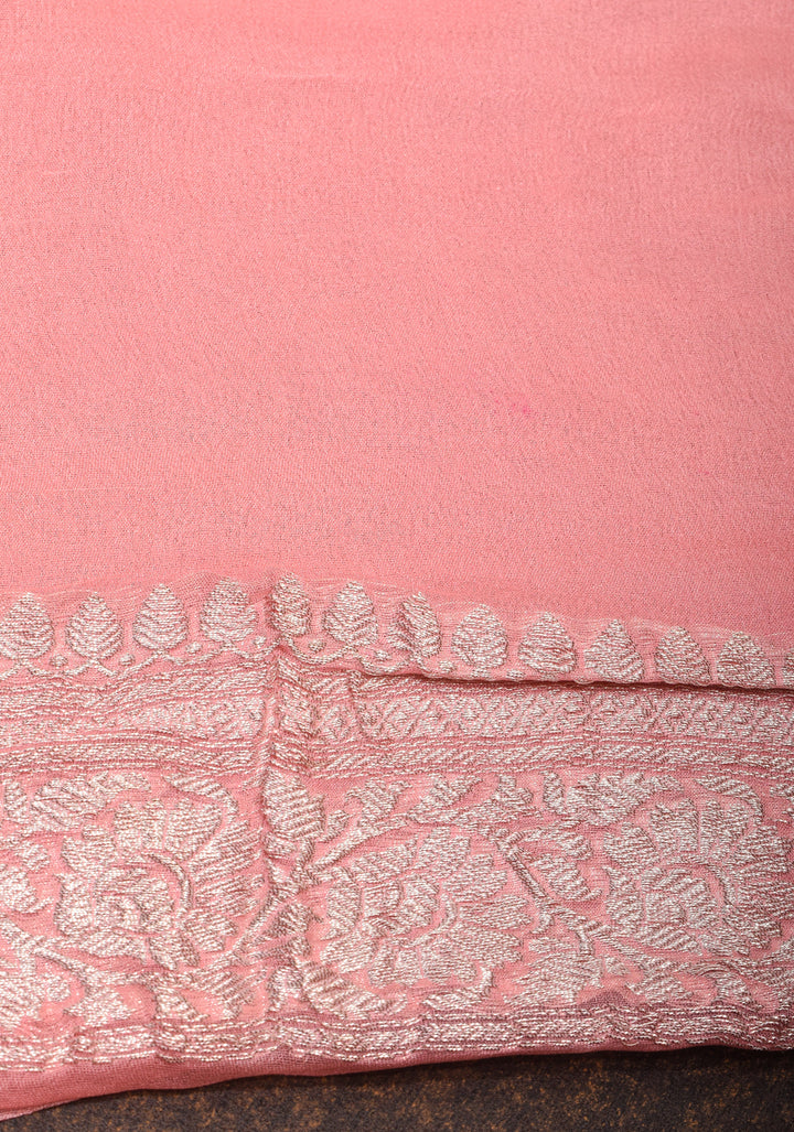 Peach Pure Silk Chiffon Saree with Silver Tone Zari Buttas and Border | SILK MARK CERTIFIED