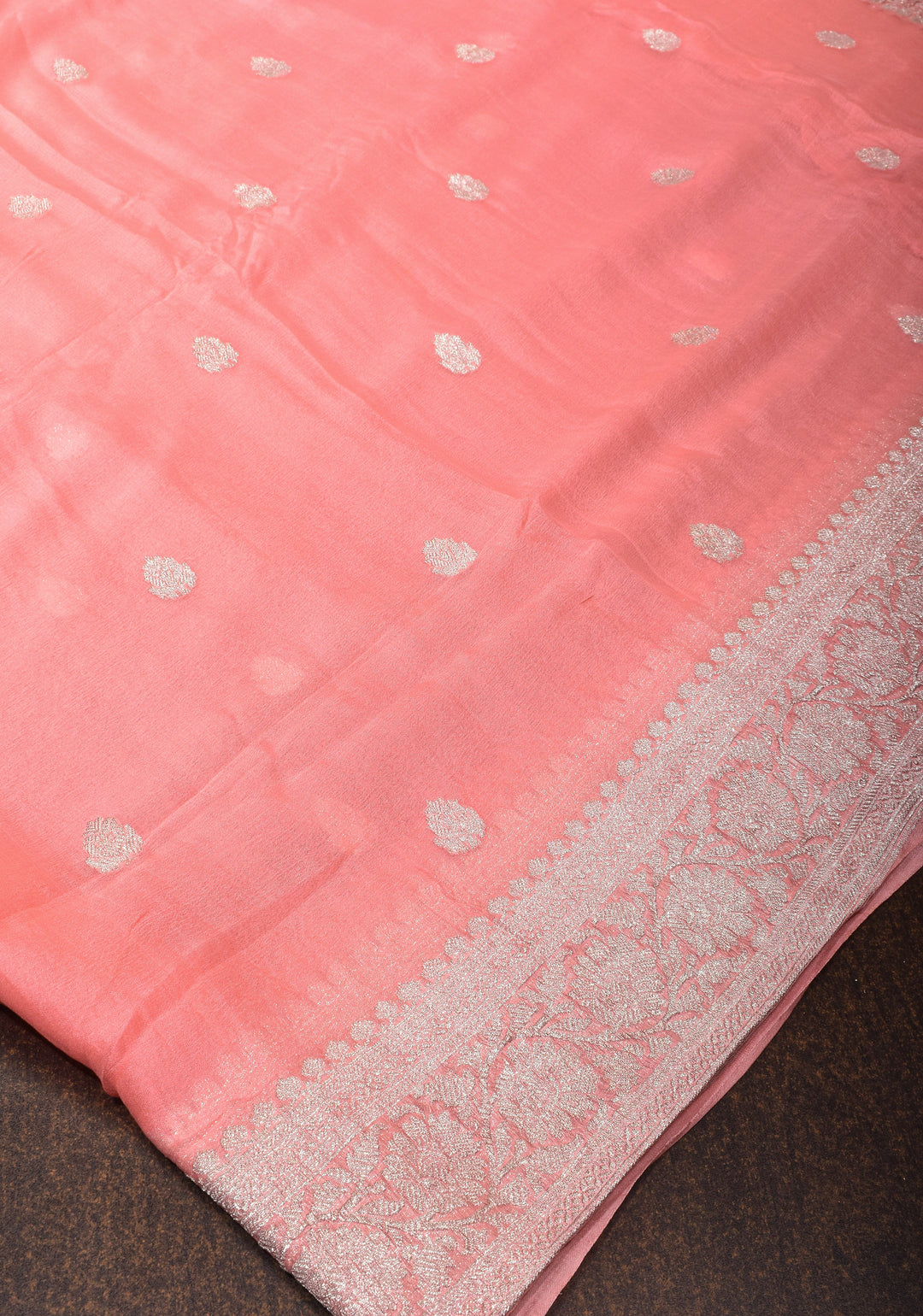 Peach Pure Silk Chiffon Saree with Silver Tone Zari Buttas and Border | SILK MARK CERTIFIED