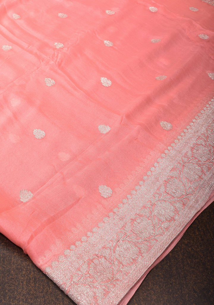 Peach Pure Silk Chiffon Saree with Silver Tone Zari Buttas and Border | SILK MARK CERTIFIED
