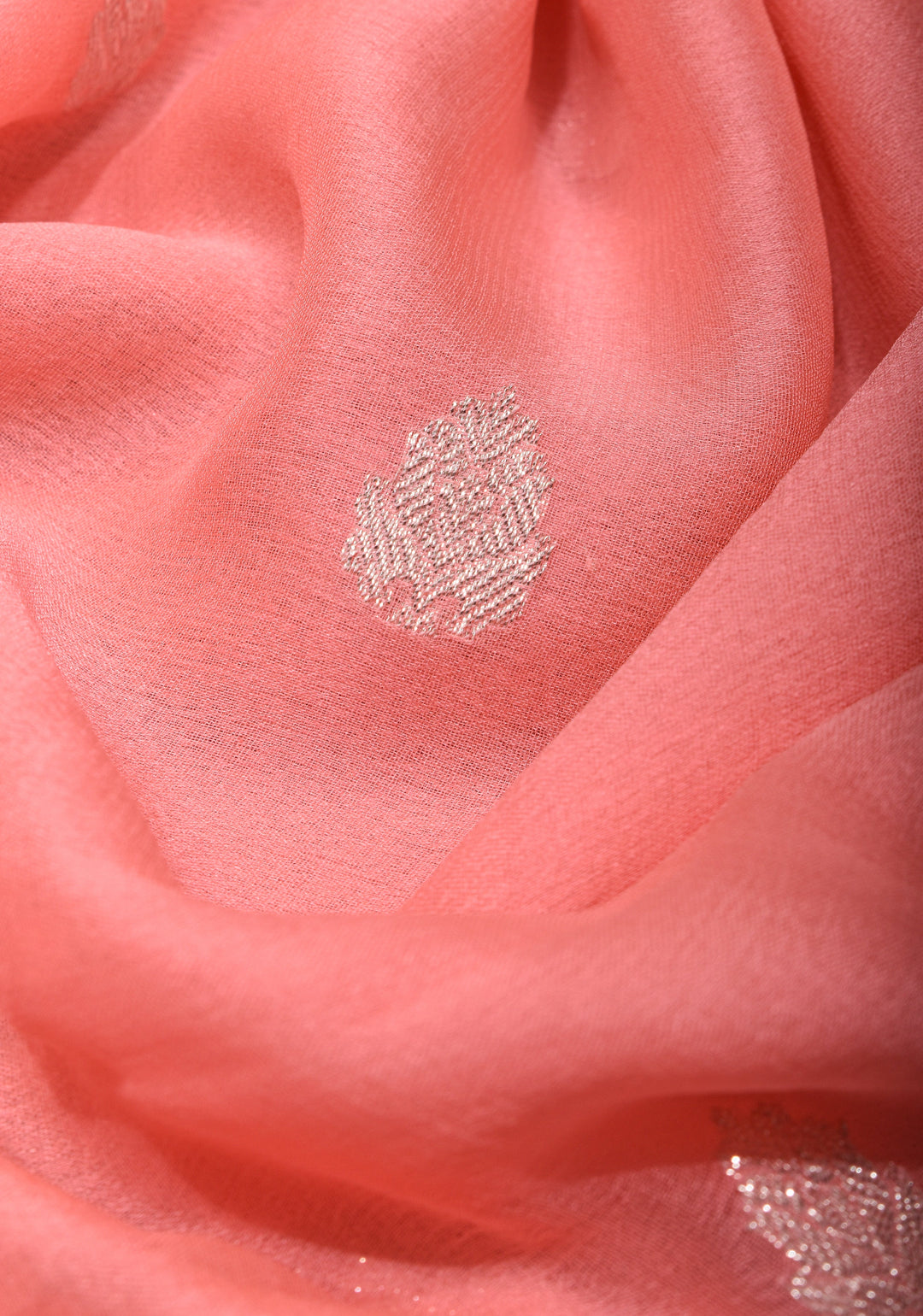 Peach Pure Silk Chiffon Saree with Silver Tone Zari Buttas and Border | SILK MARK CERTIFIED