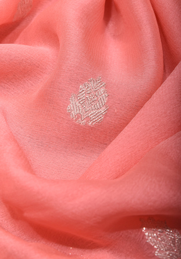 Peach Pure Silk Chiffon Saree with Silver Tone Zari Buttas and Border | SILK MARK CERTIFIED