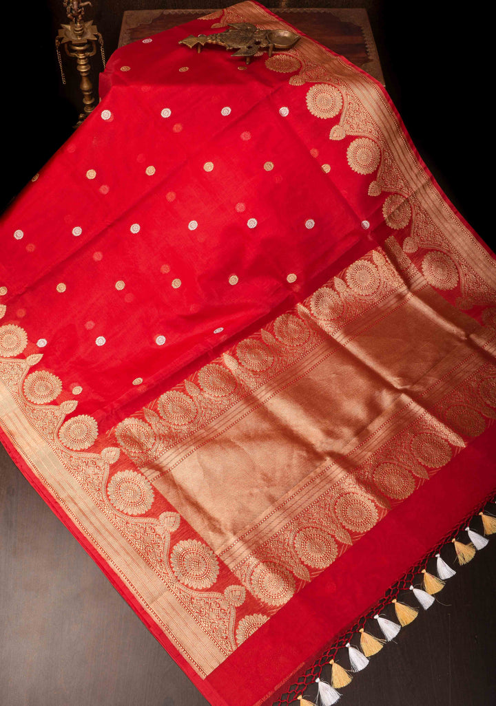 Red Pure Banarasi Kora Silk Saree with Sona Rupa Butta and Scallop Border | SILK MARK CERTIFIED