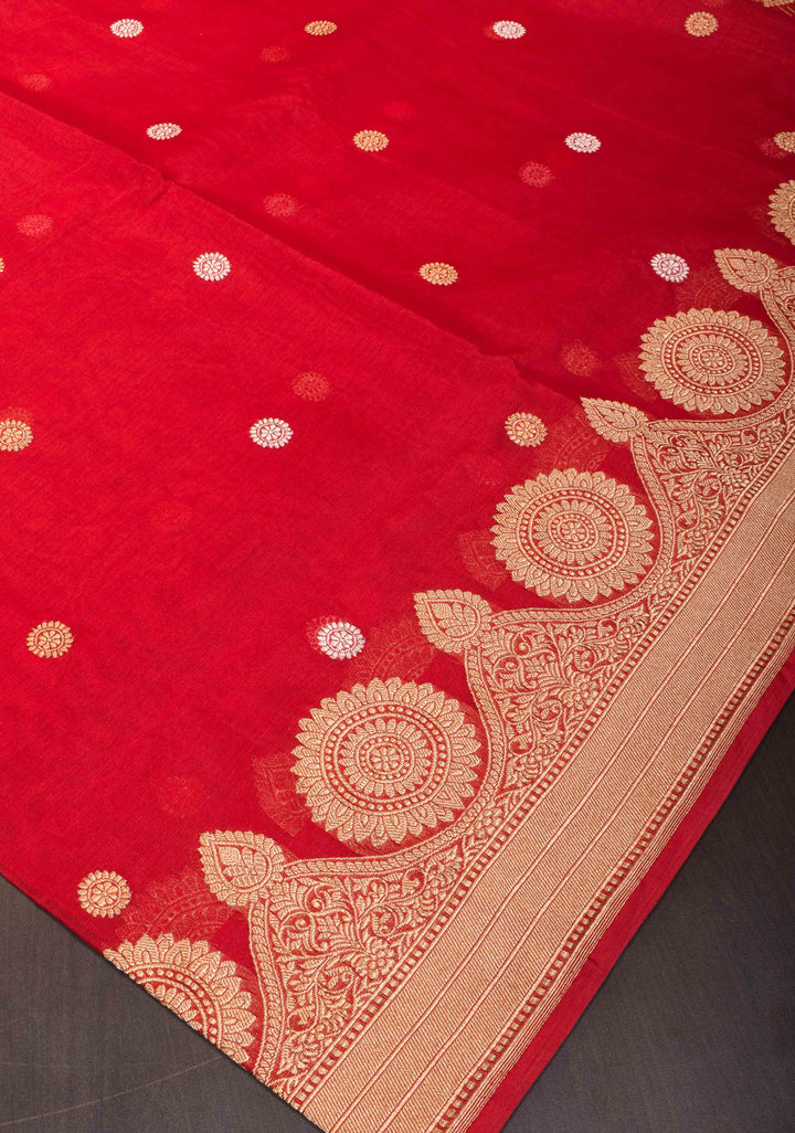 Red Pure Banarasi Kora Silk Saree with Sona Rupa Butta and Scallop Border | SILK MARK CERTIFIED