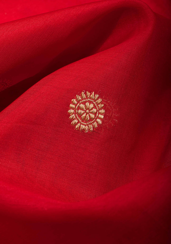 Red Pure Banarasi Kora Silk Saree with Sona Rupa Butta and Scallop Border | SILK MARK CERTIFIED