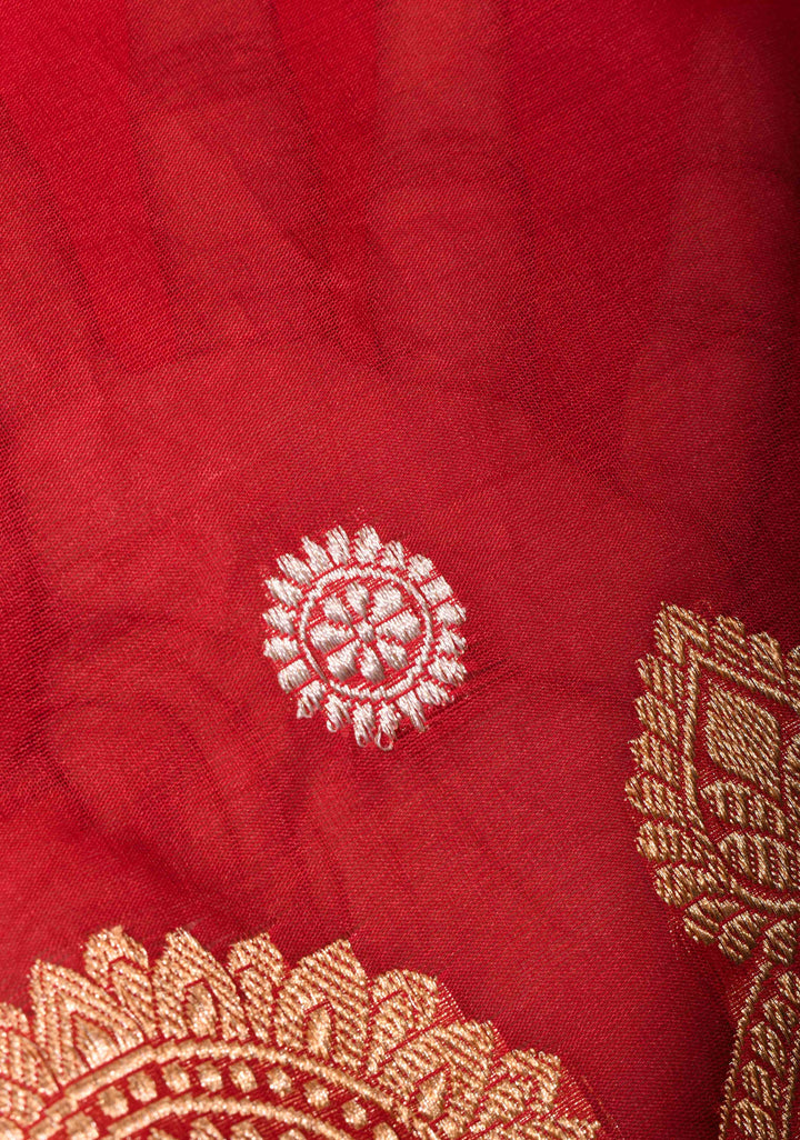 Red Pure Banarasi Kora Silk Saree with Sona Rupa Butta and Scallop Border | SILK MARK CERTIFIED