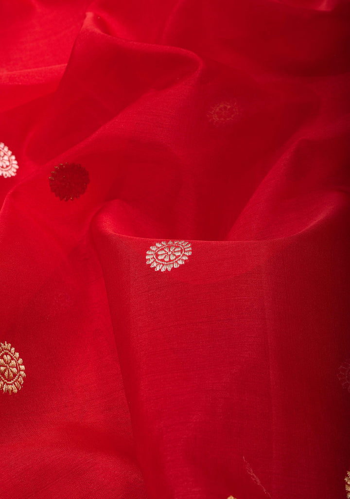 Red Pure Banarasi Kora Silk Saree with Sona Rupa Butta and Scallop Border | SILK MARK CERTIFIED