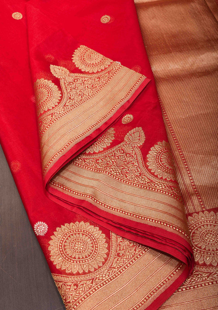 Red Pure Banarasi Kora Silk Saree with Sona Rupa Butta and Scallop Border | SILK MARK CERTIFIED