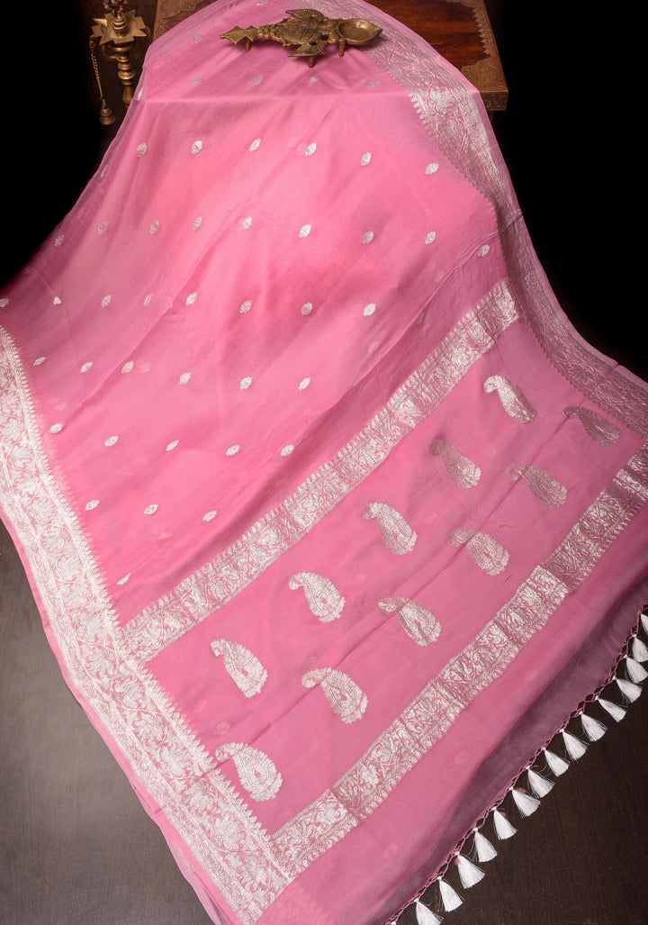 Baby Pink Pure Silk Chiffon Saree with Silver Tone Zari Buttas and Border | SILK MARK CERTIFIED