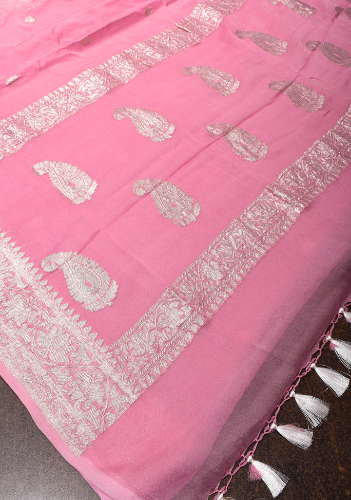 Baby Pink Pure Silk Chiffon Saree with Silver Tone Zari Buttas and Border | SILK MARK CERTIFIED