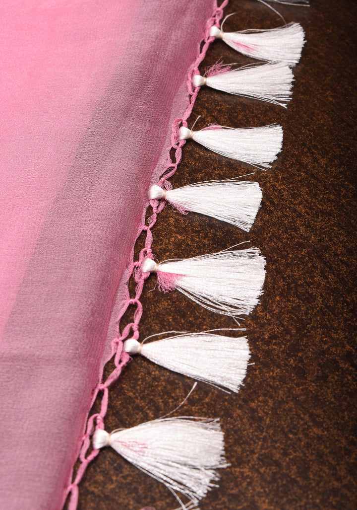 Baby Pink Pure Silk Chiffon Saree with Silver Tone Zari Buttas and Border | SILK MARK CERTIFIED