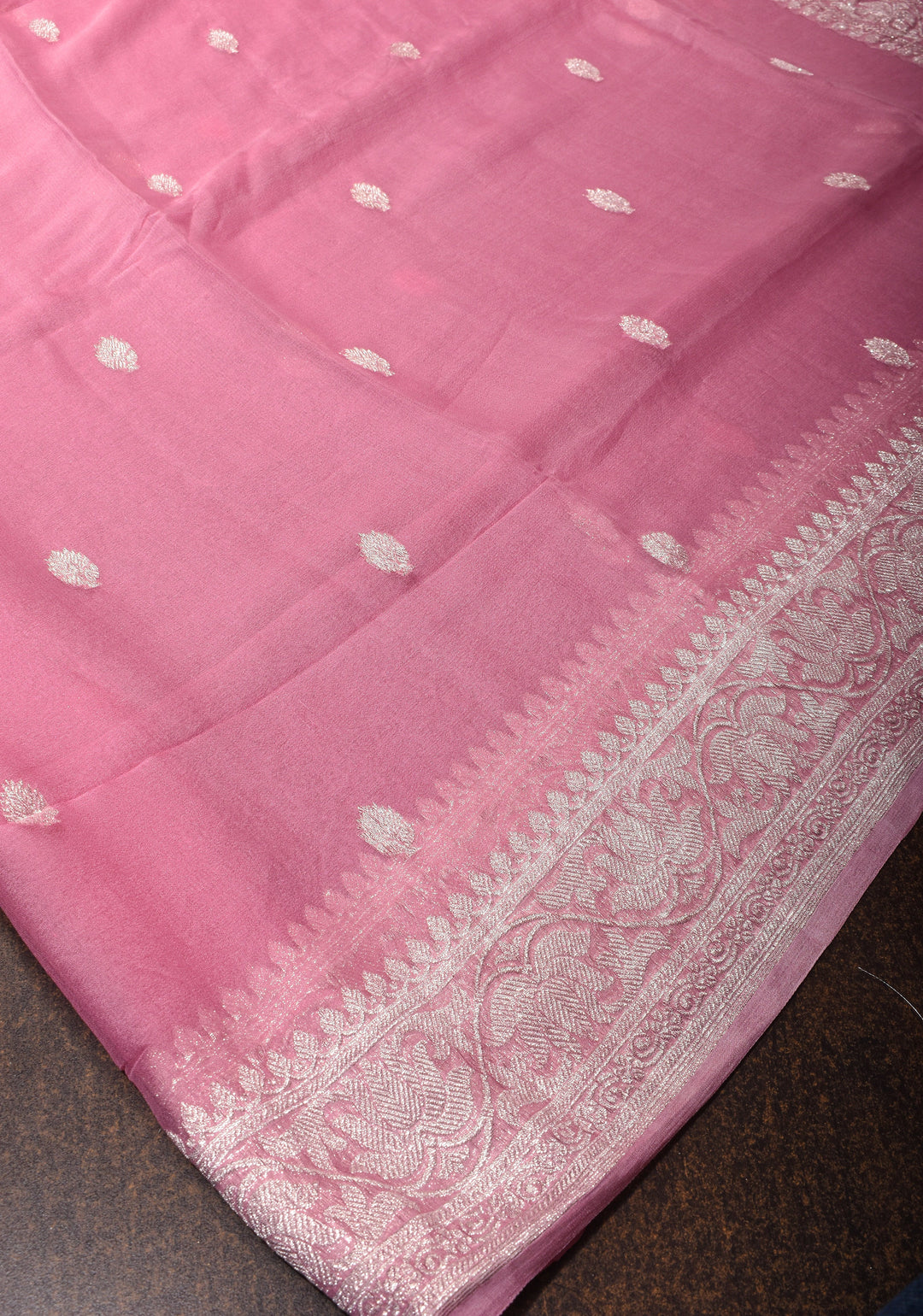 Baby Pink Pure Silk Chiffon Saree with Silver Tone Zari Buttas and Border | SILK MARK CERTIFIED