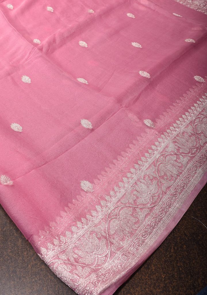 Baby Pink Pure Silk Chiffon Saree with Silver Tone Zari Buttas and Border | SILK MARK CERTIFIED