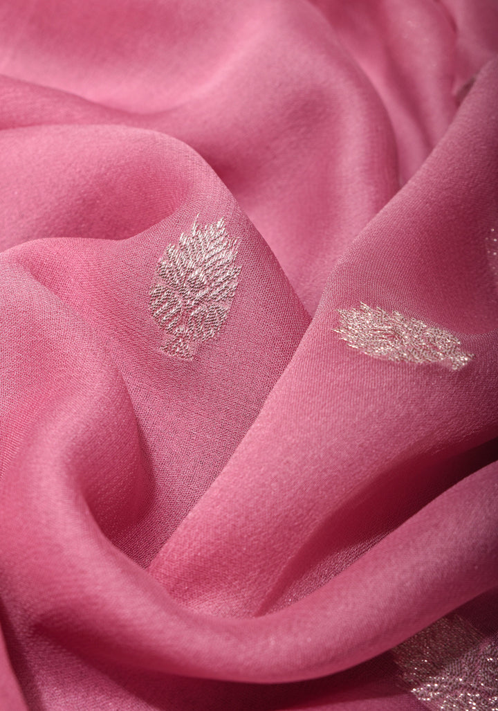Baby Pink Pure Silk Chiffon Saree with Silver Tone Zari Buttas and Border | SILK MARK CERTIFIED