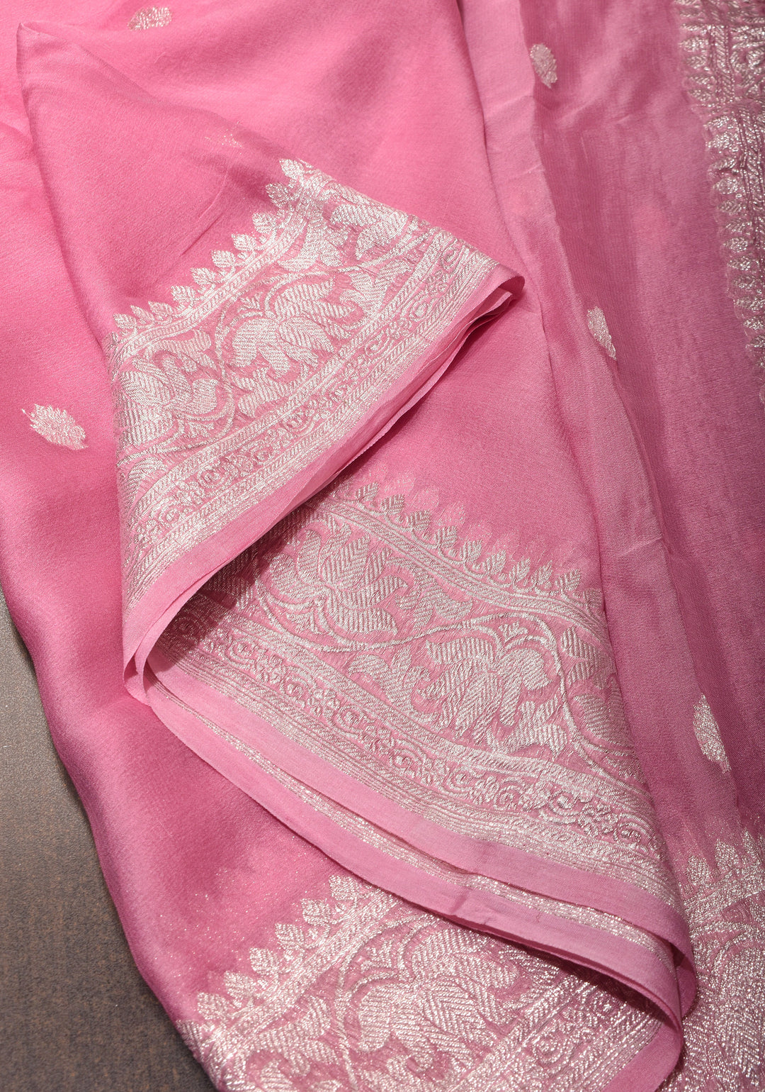 Baby Pink Pure Silk Chiffon Saree with Silver Tone Zari Buttas and Border | SILK MARK CERTIFIED